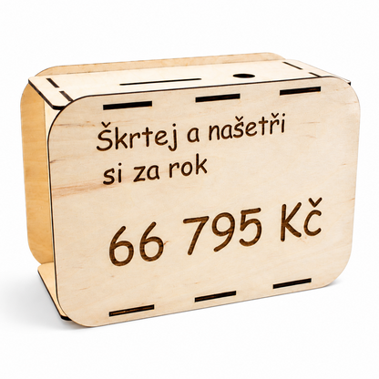 Dřevěná pokladnička Škrtej a šetři 66 795!