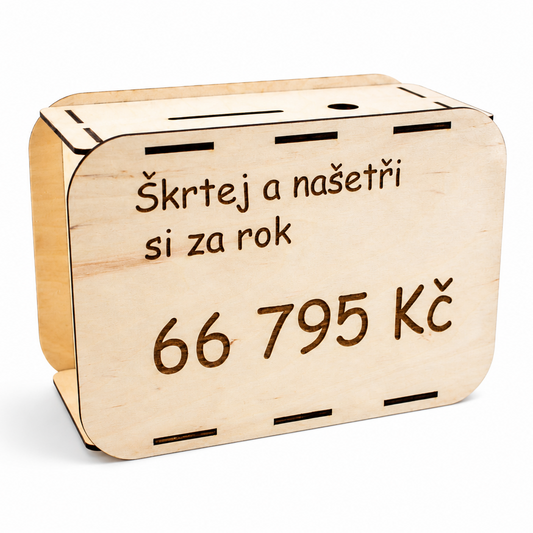Dřevěná pokladnička Škrtej a šetři 66 795!