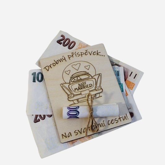 Dřevěná destička na peníze Svatební cesta